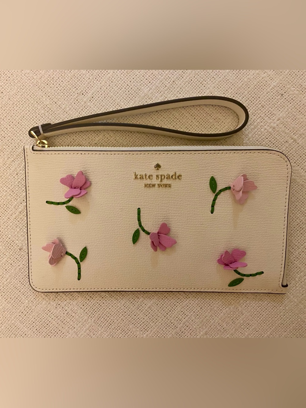 kate spade Lucy Leather Wristlet with 3D Pink Floral Appliqués